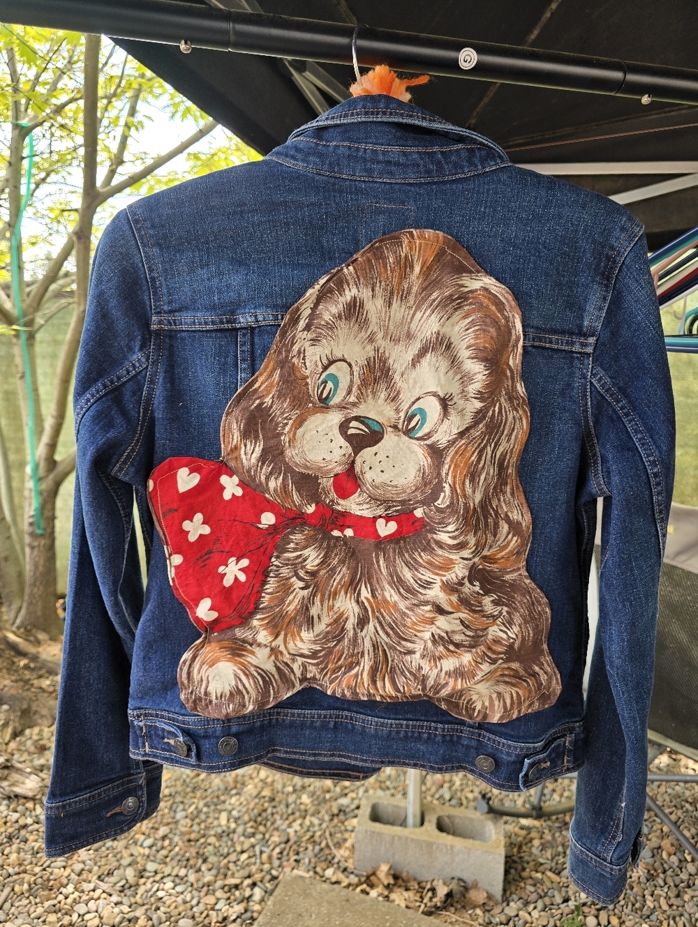 Customized Retro Kitsch Grandmacore Blue Denim Jean Jacket Mid-Century Ephemera